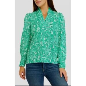Crown‎ & Ivy Womens Ruffle Green Neck Printed Top XL Rayon Blend Floral LS
